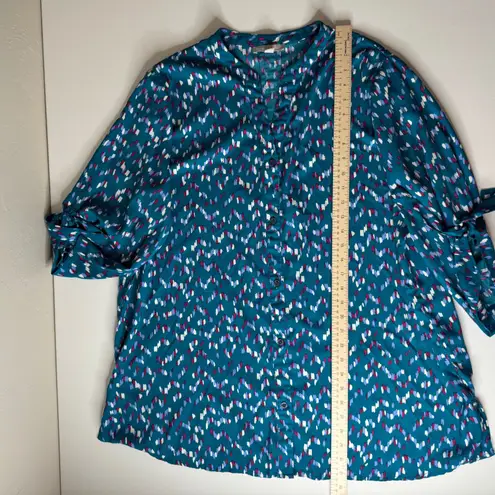 Woman Within Woman Within Abstract Button Down Blouse Size 18/20 Teal Roll Tab Colorful Boho