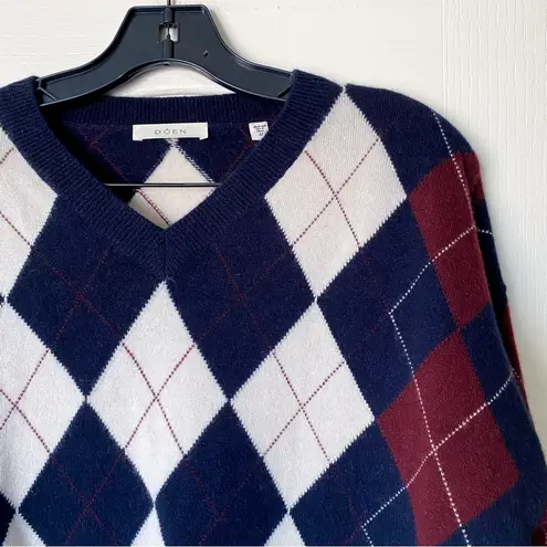 Doen Harlequin Cashmere Sweater Diamond Cream Navy Argyle Medium EUC Blue