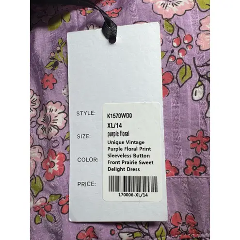 Unique Vintage Purple Floral Prairie Dress Sleeveless Ruffle XL/14