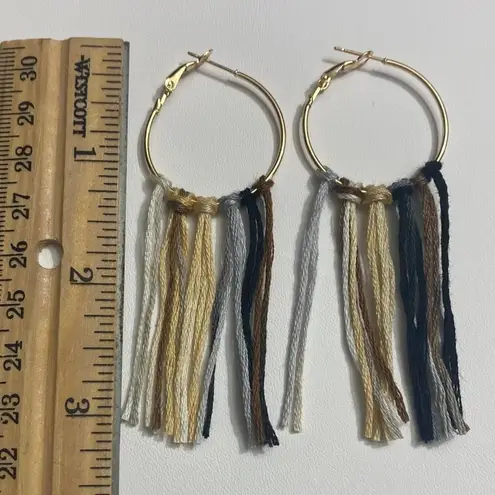 Boho Fringe Hoop Earrings Gold Neutral Colors Gold