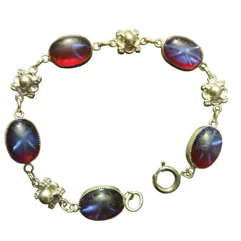 Vintage Bracelet Floral Silver Tone Oval Cabochons Red Blue Glass Star Stones