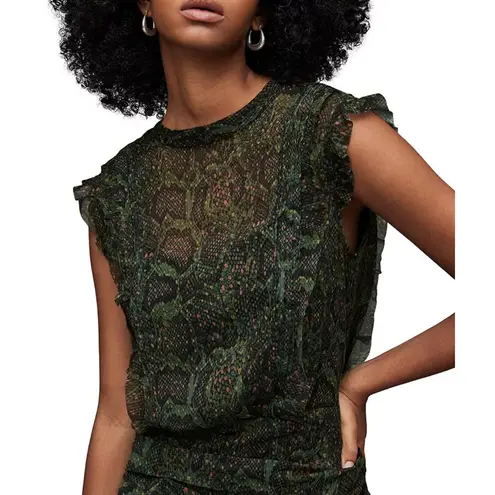 ALLSAINTS Hali Tamora Snake Print Mini Dress Khaki Green Sz 6 NWT Ruffles Lined