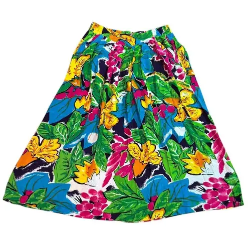 Vintage Retro tropical colourful midi skirt elastic waist & pockets size medium Green