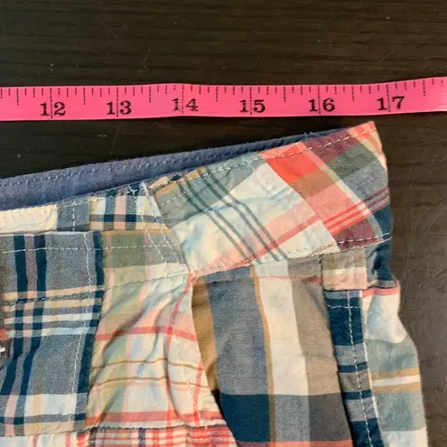 LLBean Favorite Fit Patchwork Plaid Bermuda Shorts Women Size 12 Reg Preppy Blue