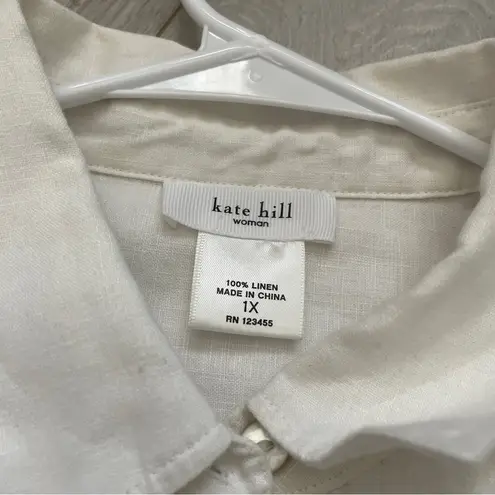 Kate Hill 100% Linen Long Sleeve Button Up Shirt White (Size 1X)