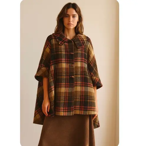 Vintage 70s Heavy Wool Tartan Plaid Classic Heritage Preppy One Size Cape Brown