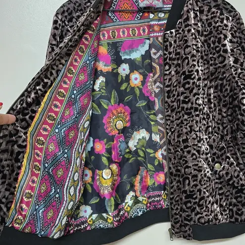 Johnny Was Leopard Velvet Quilted Bomber Jacket Coat Sz L (No Tag) Silk Interior