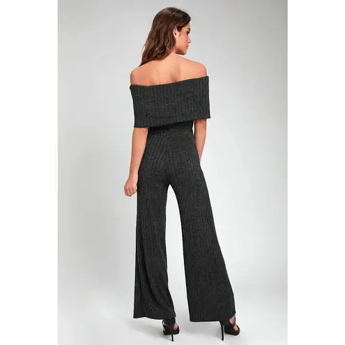 Lulus  Always Styling Charcoal Grey Off-the-Shoulder Ribbed Jumpsuit Size Small