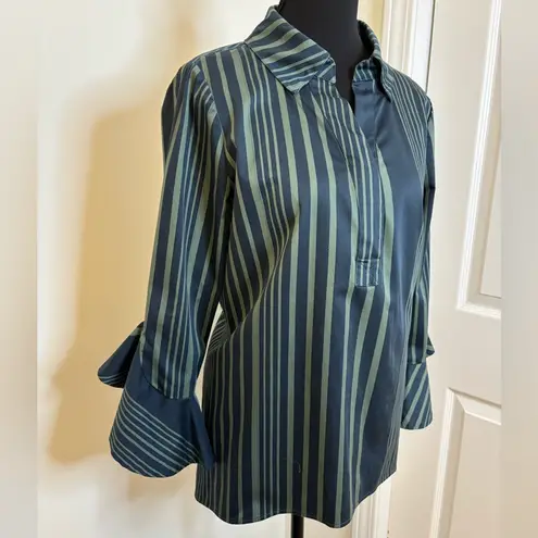 Badgley Mischka Green and Navy Striped Blouse with backside flower print Size M