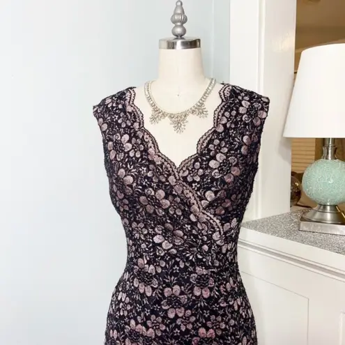 Tahari Lace V Neck Sheath Dress Black & Pink Rose Gold 2 XS