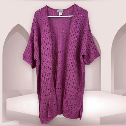 Catherines  womens  crochet open cardigan sweater orchid pink elbow sleeve 3X