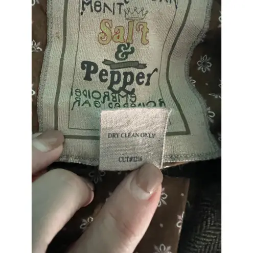 Salt & Pepper Herringbone Tweed Coat L Belted Floral Lining Vintage Boho Style Brown Size L