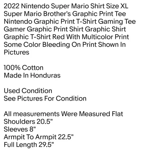Nintendo 2022 Super Mario Shirt Size XL Super Mario Brother's Graphic Print Tee Unisex