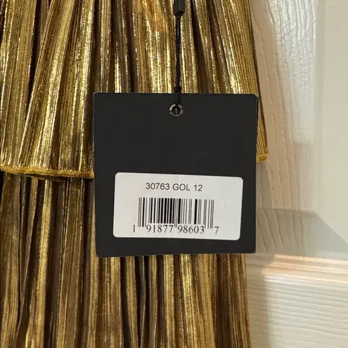 Mac Duggal NWT 30763 Gold High Neck Pleated Tiered Ruffle Metallic Gown Size 12