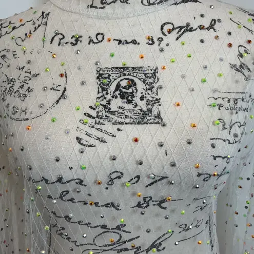 Mesh Top Sheer Long Sleeve Colorful Dots Party Club Layering Top Medium White