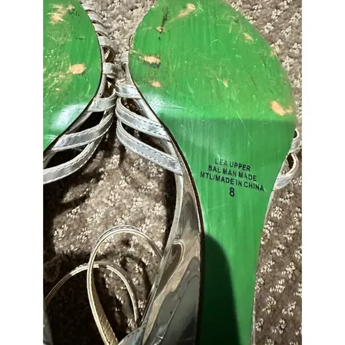 Nina Silver Strappy Open-Toe Heels With Metallic Button Detail & Adjustable Ankle Str