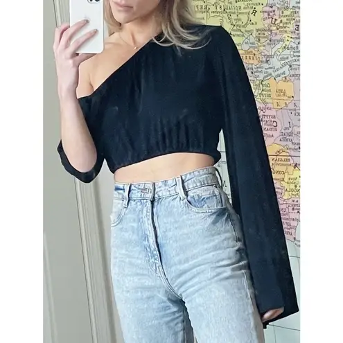 SID NEIGUM Black Cropped One Long Sleeve Asymmetric Party Top size 8 thumbnail 13