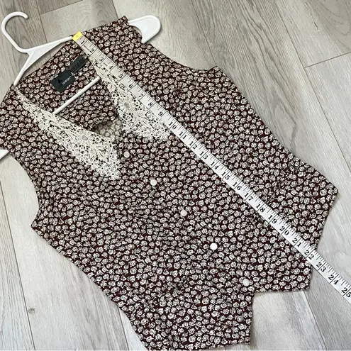 Vintage Floral Vest lace collar sleeveless womens Brown (size 6) cottage prairie