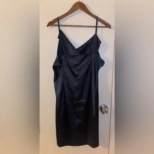 Black stretch satin, deep cowl neck slip dress with adjustable straps