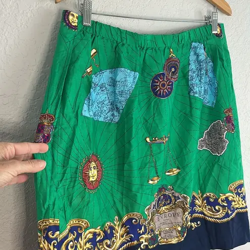 Susan Bristol Green Blue Skirt Europe Travel Vacation Globe Preppy Rayon Size 16
