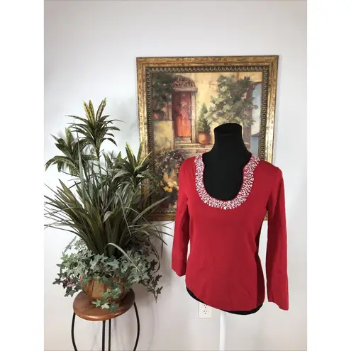 Elegant Red Women's Scoop Neck Sweater pullover long sleeve cable knit stretch M Size M
