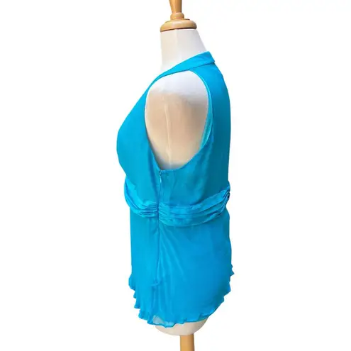 VTG Y2K Silk Halter Top Med/LG Blue Babydoll Ribbon Chiffon V Neck Coquette