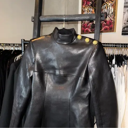 Balmain Cutout Long Sleeve Lambskin Leather Minidress with Gold Snail Buttons