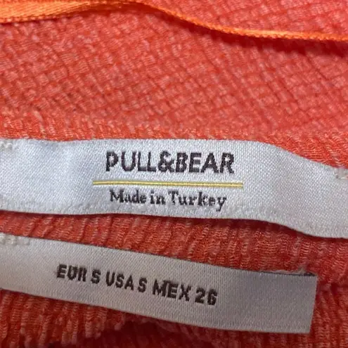 Pull & Bear Coral Short Sleeve Textured Deep V Neck Henley Skater Mini Dress S Orange