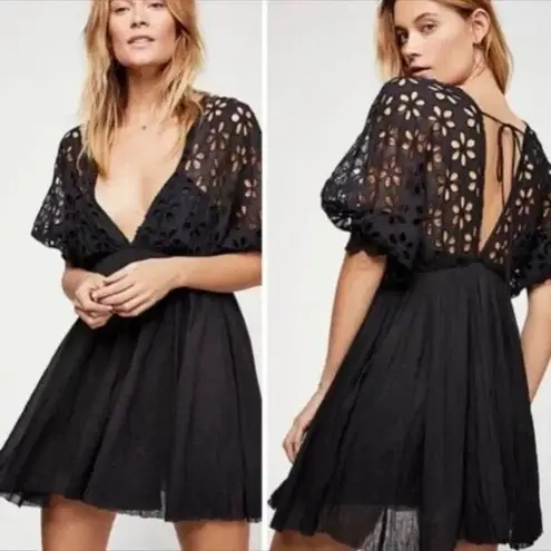 Free People ✨ One Black Bella Notte Mini Dress Eyelet Sleeve✨