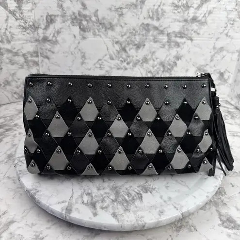 Rafe New York Zip Top Clutch Patchwork Scales Studded Black Gray Leather Tassel