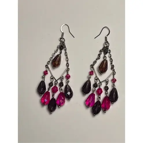 Pink & Purple Crystal Chandelier Drop Earrings French Hooks Pierced Ears Women Purple