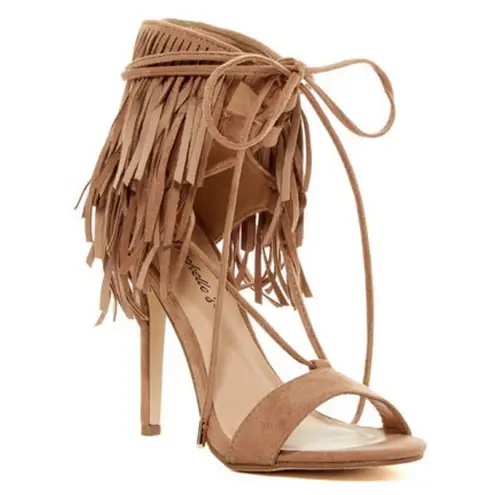 breckelle's Tan Roma-63 Suede Peep Toe Fringe Gilly Tie Stiletto Zip Heel 7