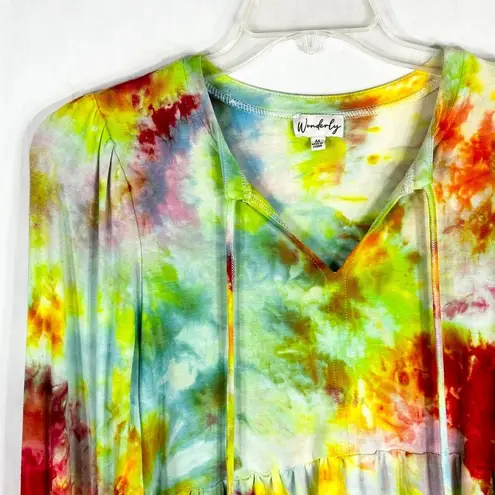 Wonderly Medium Top Confetti Cascade Tie Dye Handmade Peplum Green Pink 1152