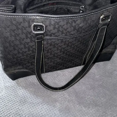 NY & Co Black Monogram Tote Bag Leather Trim Contrast Stitch Shoulder Purse Black