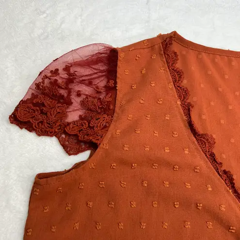 SheIn Frenchy Swiss Dot Guipure Lace Detail Embroidered Mesh Blouse Rust Orange