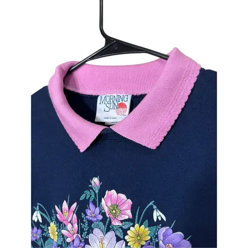 Vintage Morning Sun 90s Grandmacore Flower Print Crewneck Sweatshirt Large Blue