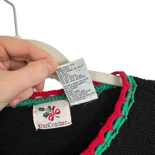 Nutcracker Black Christmas Tree Embroidered Sweater Holiday Party Womens Large