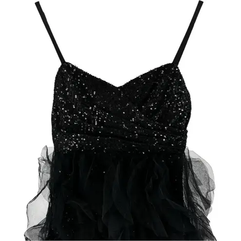 Mac Duggal Ieena Black Sequin Mini with High Low Ruffle Tiered Train size 0