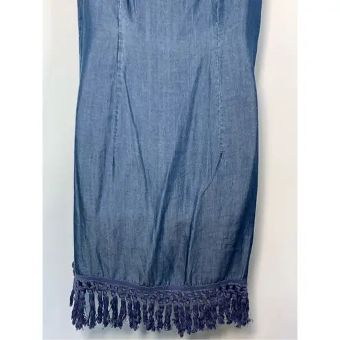 Beige By ECI Sleeveless Embroidered With Fringe Chambray Denim Dress Blue Small