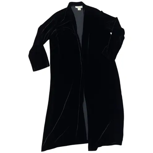 Easy Spirit Vintage Black Velvet Duster Topper Coat (Fits M) Long Black Open Front Duster