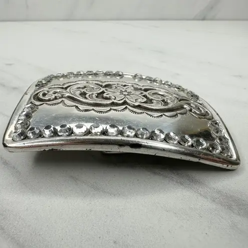 Vintage 1995 Western Rhinestone Belt Buckle Flower Scroll Silver ✨