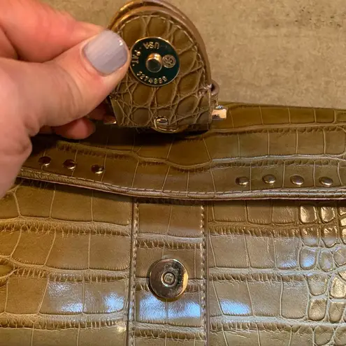 Kathy Van Zeeland  Python Snakeskin Top Zip Clutch Green Beige Rhinestones