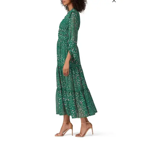 Three Floor Hansen Green Floral Pink Flower Ruffle Tiered Long Sleeve Maxi Dress