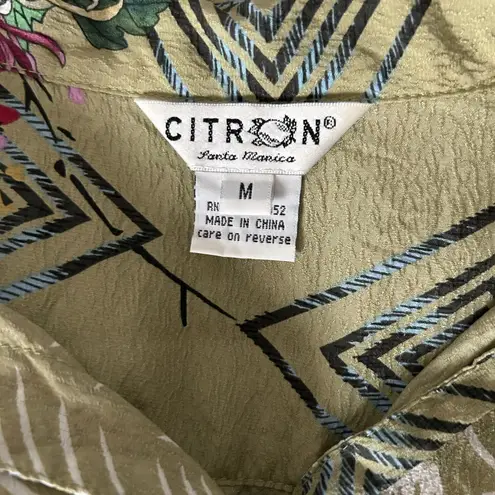 Citron 100% Silk Floral Print Short Sleeve Button Down Blouse Sage Green Medium