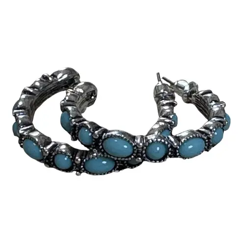 Turquoise Earrings Set 3 Pair Western Style Silver Tone Bull Hoop Dangle New Silver