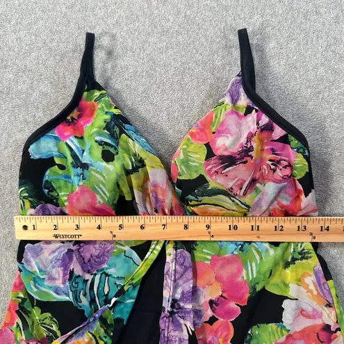 Caribbean Joe Floral Tankini Swim Top Women's 10 V-Neck Split Front Flattering