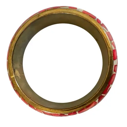 Vintage Brass & Red Shell Mosaic Bangle Bracelet