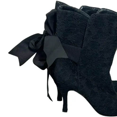 Hollywould Black Lace Overlay Ankle Boots 6.5 – Pointed Toe Bow Tie