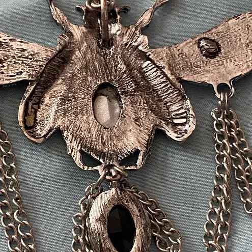 22” Necklace Silver Tone Beetle Pendant 4.5”W Stones Steampunk Goth Gothic