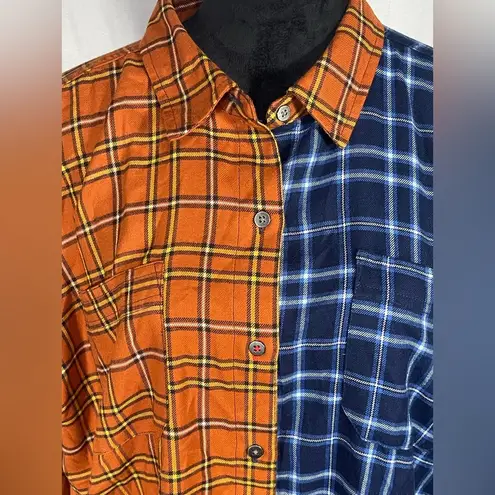 Peace Love World Women’s Plaid Button Front Long Sleeve Shacket Orange Blue Sz M